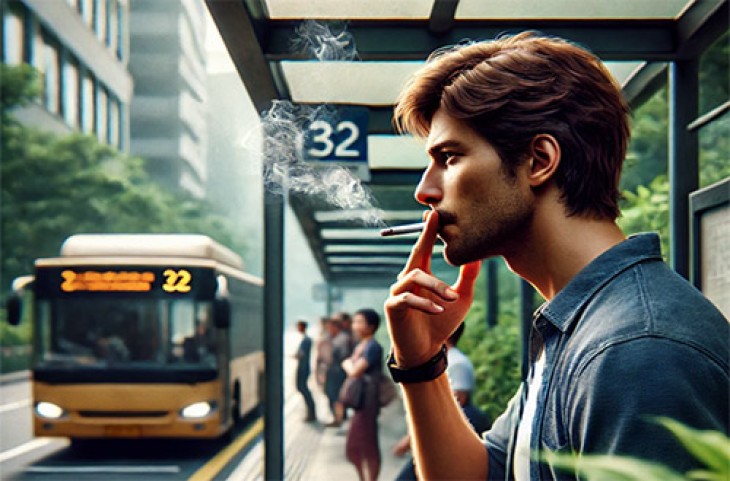 elfbar elfa master akku Ein Vape-Mann im Urlaub, unter einer Palme. Ruhe, Rauchen, Nikotin, Genuss,  Gefahr. Flüssigkeit abdampfen. Dampfende THC e Zigarette Stockfotografie