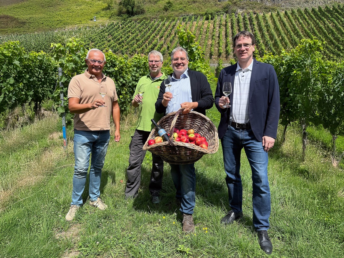 Landrat Achim Hallerbach, Kreis-Wirtschaftsfrderer Harald Schmillen und Naturgenuss-Projektleiter Jrg Hohenadl informierten sich schon mal vorab bei Peter Hohn ber "Landgenuss und Wein". (Foto: Thomas Herschbach)