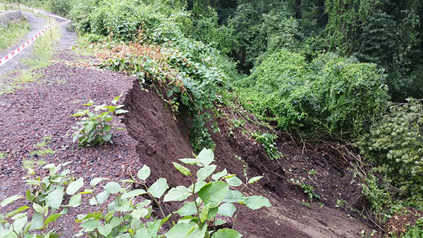 Der Erdrutsch ist deutlich zu sehen und im Gelnde gibt es weiter Bewegung. Der Weg ist gesperrt und sollte keinesfalls betreten werden. Foto: SBN