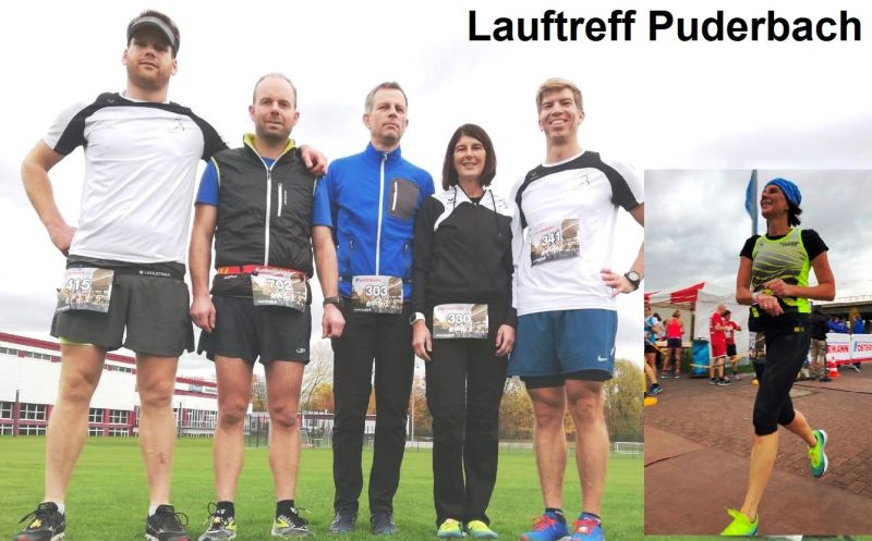 Der Lauftreff Puderbach erzielte gute Laufzeiten in Leverkusen. V.l.n.r.: Michael Hoben, Martin Radde,  Martin Blum, Heike Blum, Jendrik Gra; ganz rechts Zieleinlauf von Heike Blum (2. Platz W50). Fotomontage: Dietrich Rockenfeller/ Lauftreff Puderbach