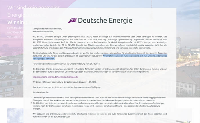 
Die DEG, die bis vor kurzem noch mit dem Spruch Wir sind kein normaler Energielieferant. Wir sind besser geworben hat, schreibt nun: Wir empfehlen unseren Kunden dringend, sich nun um eine anderweitige Versorgung zu bemhen. Screenshot: SWN