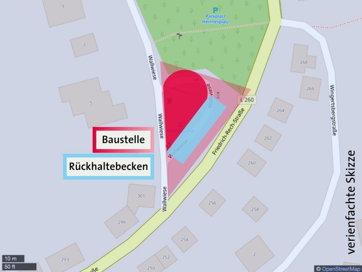 Die Baustelle ist so nah an der L260, dass ein Teil der Stra�e genutzt werden muss, um dort Bauger�te, Material et cetera abzustellen. (Skizze: Maxie Meier/Stadtwerke Neuwied)