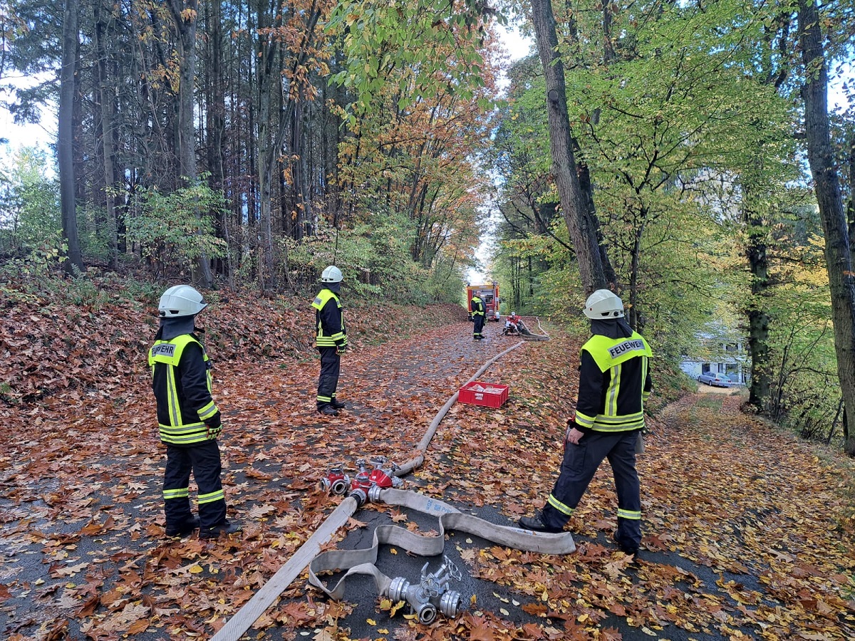 Bei einer bung der Freiwilligen Feuerwehren rund um Montabaur wurde ein Waldbrand auf dem Kppel simuliert. Dazu musste eine Schlauchleitung ber 3.000 Meter vom Aubach in Eschelbach zur Waldschule in Horressen verlegt und sechs Pumpstationen installiert werden. Bei Eschelbach wurde die Leitung ber die Autobahn und ICE-Trasse gefhrt. (Bild: Feuerwehren in der VG Montabaur)