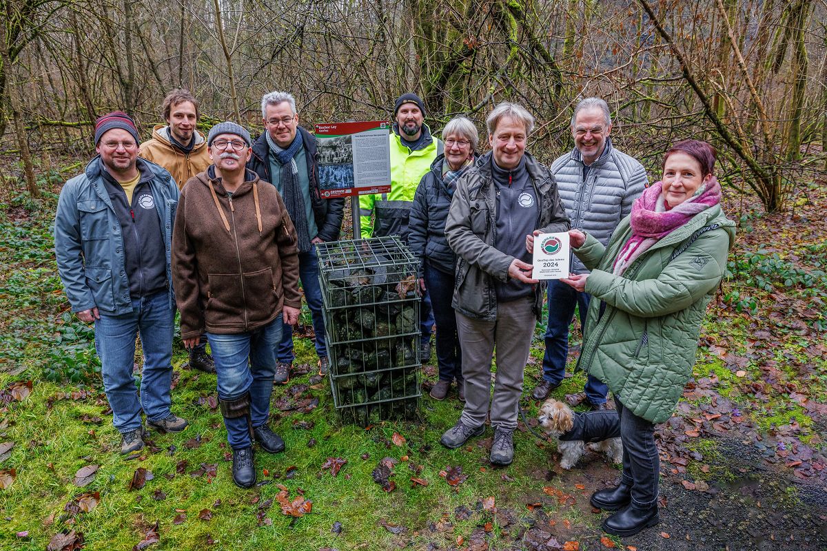 Offizielle bergabe der Plakette an der Gabione mit Infotafel zum GeoTop Bacher Lay. V. l. n. r.: Jan Bosch (Geopark WLT), Robin Schrg (NABU Bad Marienberg), Markus Schell (Ortsbrgermeister Nisterau), Sven Regner (Orts- brgermeister Stockhausen-Illfurth), Stefan Held (Bauhof Bad Marienberg), Sabine Willwacher (Stadtbrgermeiste- rin Bad Marienberg), Michael Volkwein (Geopark WLT), Andreas Heidrich (Brgermeister Verbandsgemeinde Bad Marienberg), Kerstin Schmidt (Tourist-Info Bad Marienberg) (Bilderquelle: Geopark Westerwald-Lahn-Taunus e.V.)