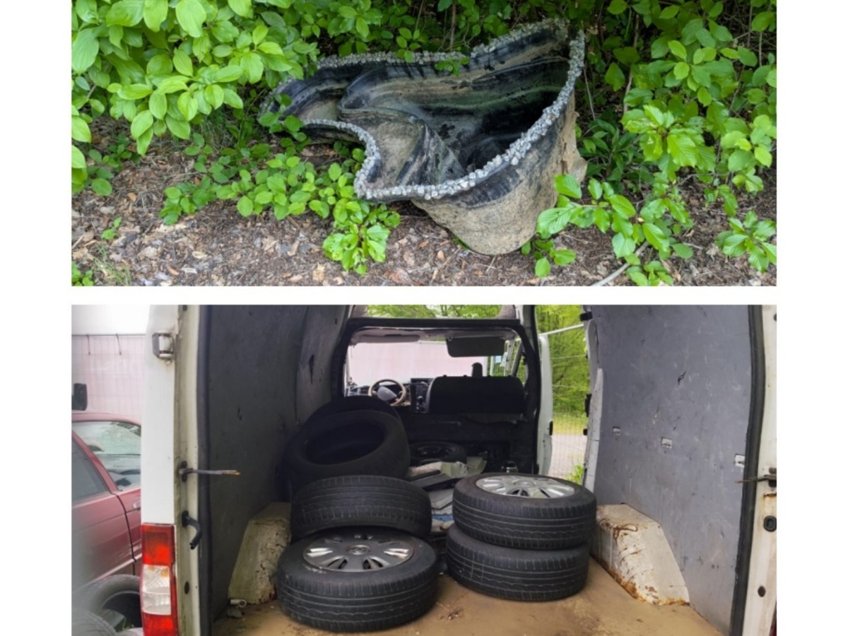 Illegal entsorgter Teich (oben) bei Krunkel und Reifen (untern) in Horhausen (Fotos: Verbandsgemeindeverwaltung Altenkirchen-Flammersfeld) 