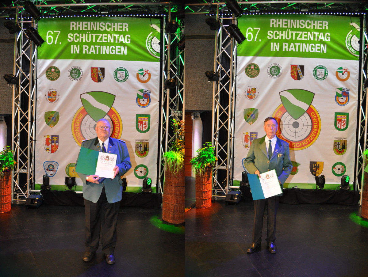 Heinz-Willi Ellert (links) und Winfried Thiel wurden mit dem Ehrenkreuz in Gold des Deutschen Schtzenbundes ausgezeichnet. (Foto: Privat)