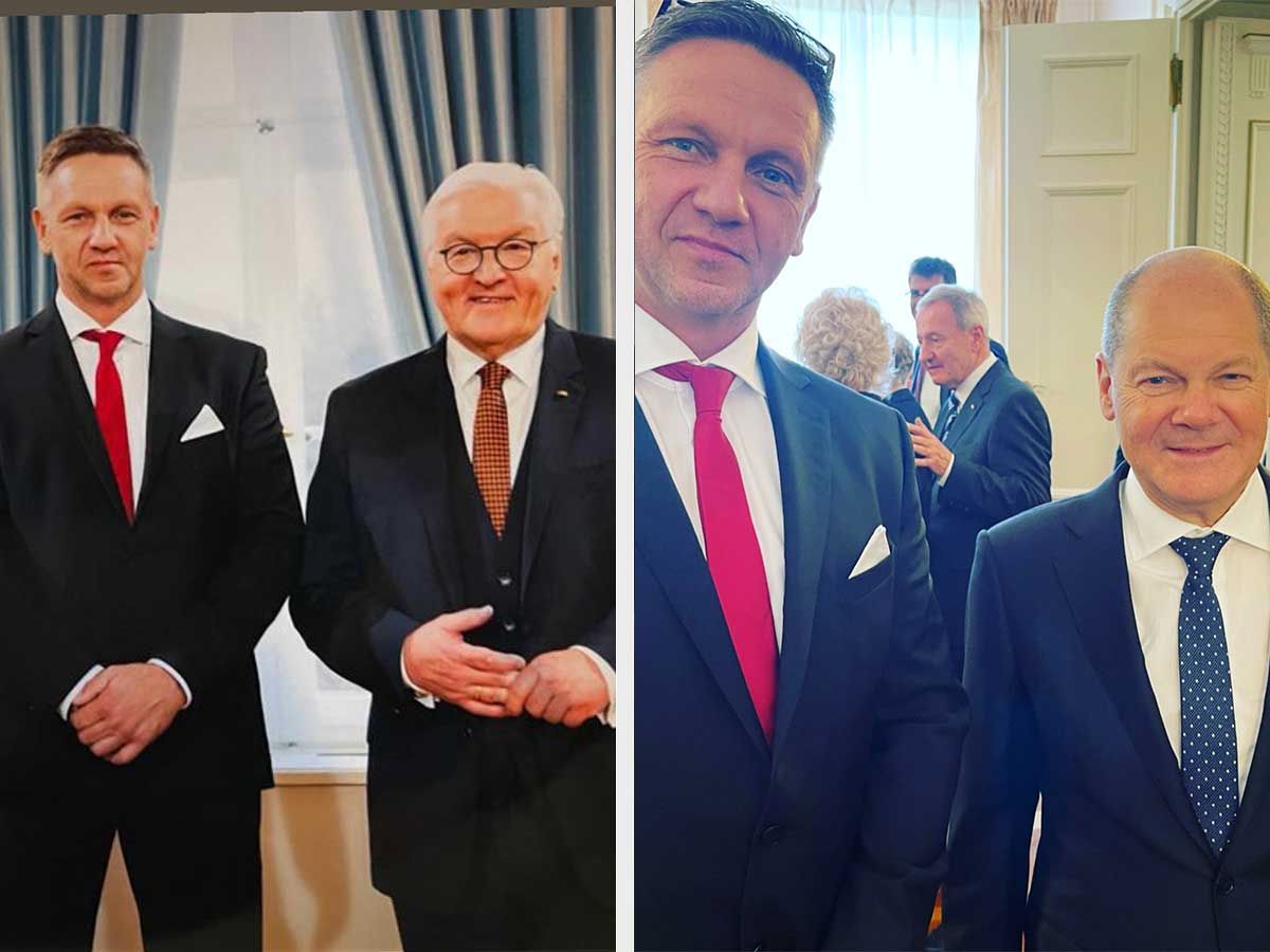 Sascha Uvira mit Bundesprsident Frank-Walter Steinmeier und Kanzler Olaf Scholz. (Fotos: privat)