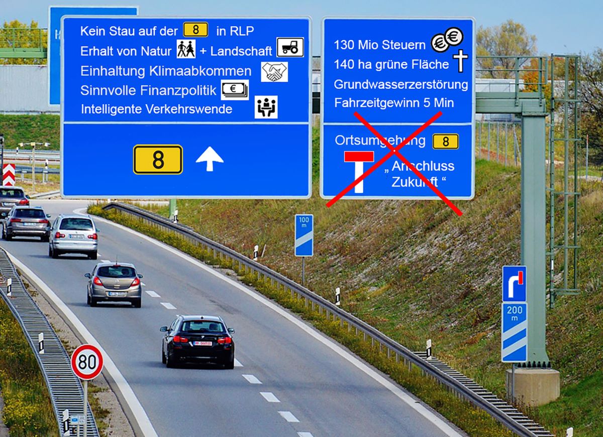 Mit solchen Autobahn-Hinweisschildern macht die Brgerinitiative gegen den Bau der B-8-Ortsumgehungen auf sich aufmerksam. (Foto: Brgerinitiative)