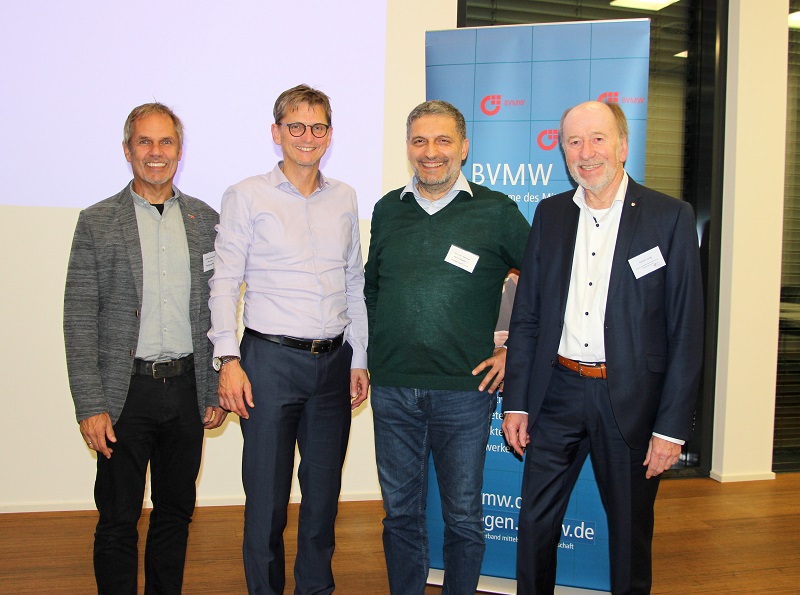 v.l.: Wolfgang Nies (BVMW), Thomas Kleb (Heinr. Georg GmbH) Michel Lanfranca (Visconti-Partner), Rainer Jung (BVMW) (Foto: Melanie Heider)