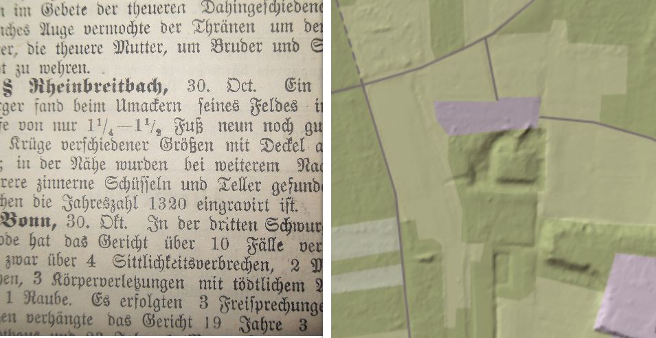 Jetzt gibt es neue Hinweise auf die Existenz des Ortes "Berg". (Bildnachweise: Honnefer Volkszeitung 1895 sowie �GeoBasis-DE7 LVermGeoRP 2026, dl-de/by-2-0, bearbeitet)