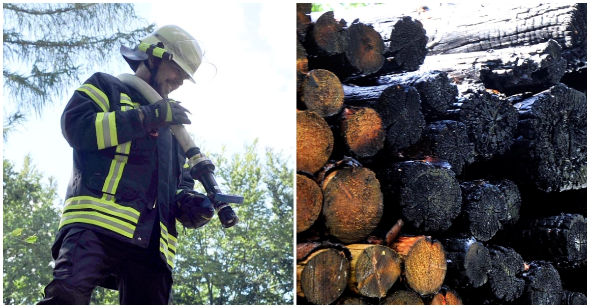 Die brennenden Holzstmme wurden von oben abgelscht. (Fotos: kk)