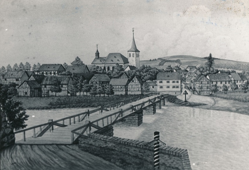 Alte Siegbrcke in Wissen mit Ortsansicht von der Brckhfe aus gesehen,  19. Jahrhundert (Quelle: Archiv Passerah/Verbandsgemeindeverwaltung Wissen)