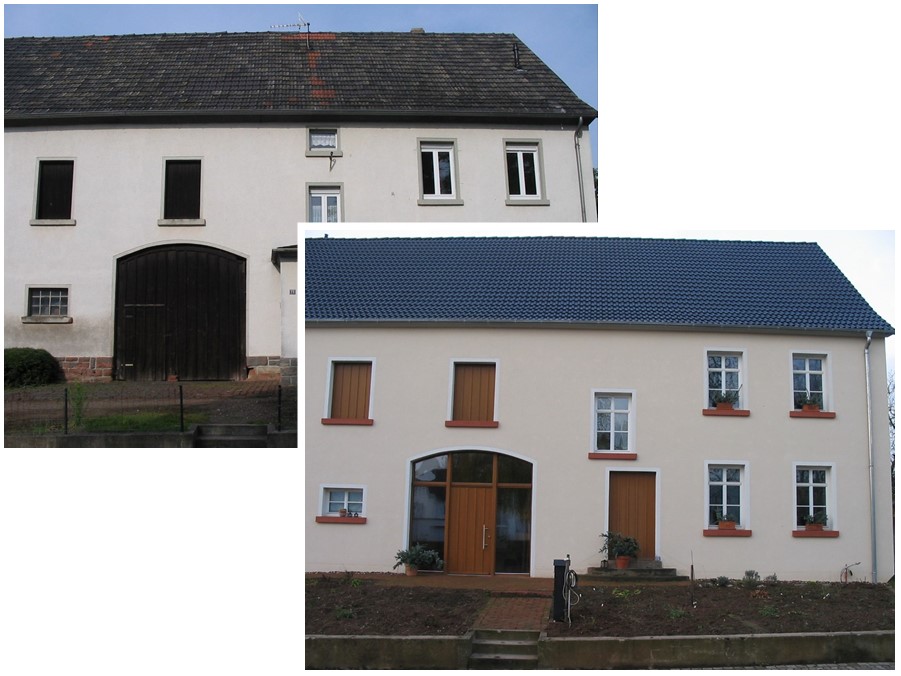 Oben unsaniert, unten saniert: Auch alte, landwirtschaftliche Gebäude lassen sich gut auf moderne Standards bringen. (Fotos: Verbraucherzentrale)