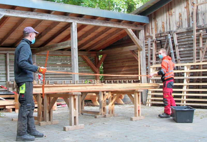 Forstwirt-Azubis bauen Hordengatter zum Schutz von frisch gepflanzten Bumen. Foto: Phillip Holl 
