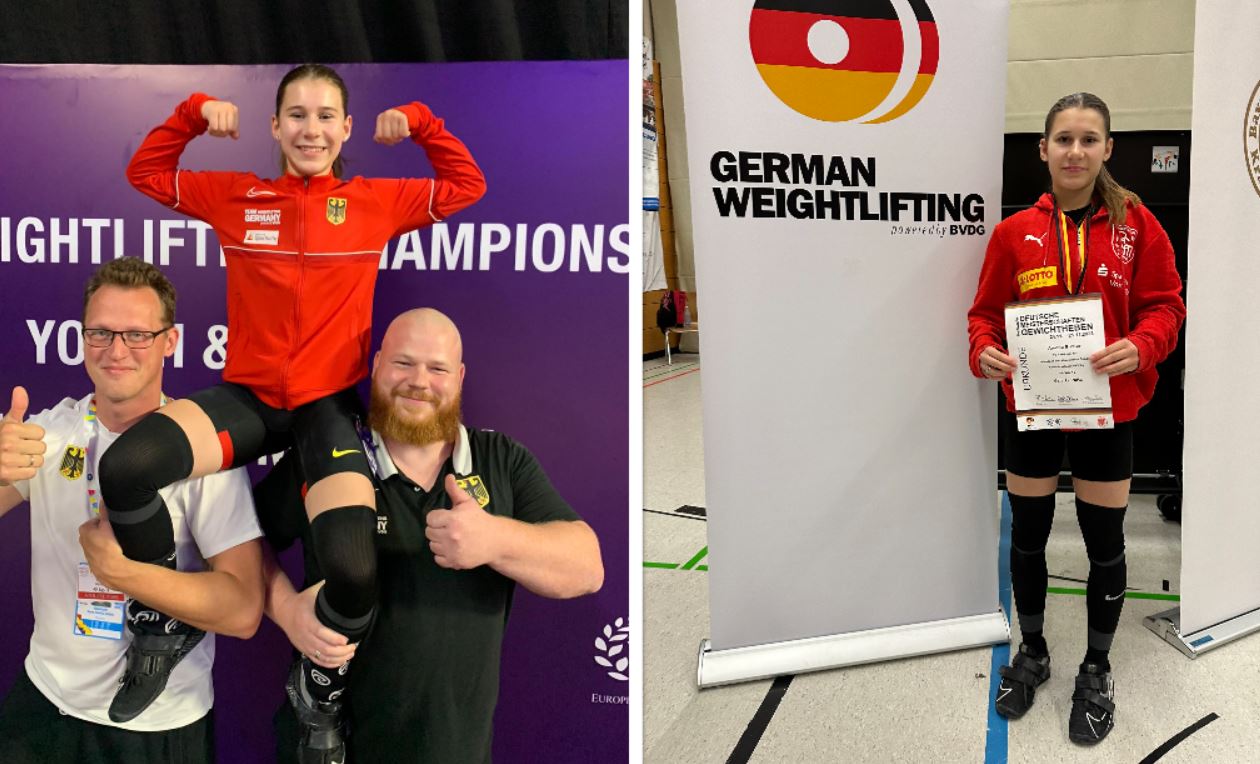 Amelie mit Bundesjugendtrainer David Kurch (re.) und Sttzpunkttrainer Berlin Tony Hwler (li.) und mit iher Urkunde bei den Deutschen Meisterschaften im Gewichtsheben (Fotos: privat)