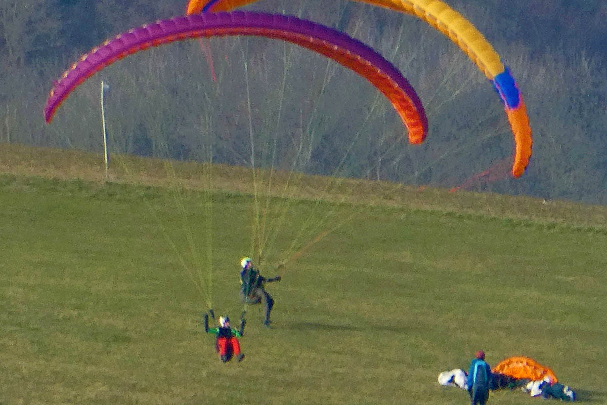 Gleitschirme am Hang oberhalb der Landesblindenschule 