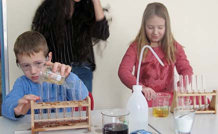 Experimentieren wie ein Chemieprofessor konnte man  bei zahlreichen Versuchen im gut ausgestatteten Physik-Chemieraum. Fotos: Schule