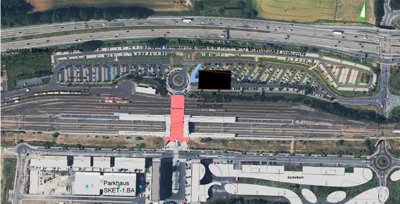 Diese Grafik zeigt, wo die 150 neuen Stellpltze auf dem Pendler-Parkplatz am ICE-Bahnhof in Montabaur entstehen werden. Foto: Vg-Verwaltung Montabaur