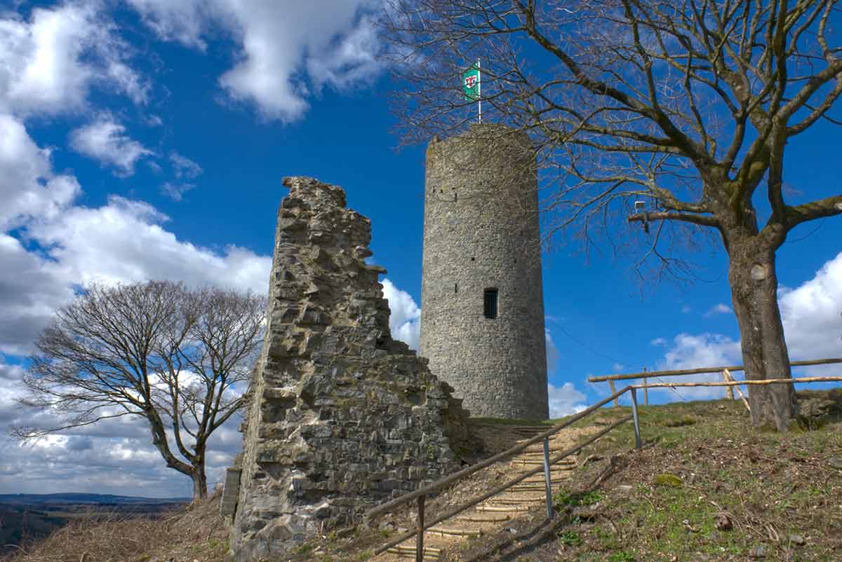 Die Burgruine Hartenfels mit ihrem an einen Rahmtopf erinnernden Bergfried wird liebevoll "Schmanddippe" genannt. Foto: Rainer Lemmer