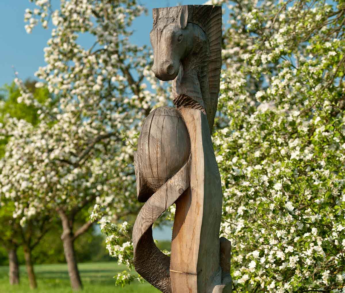 Holzschnitzereien aus heimischem Holz von internationalen Knstlern gestaltet, finden Wandernde auf dem Skulpturenweg Reckenthal bei Montabaur. Foto: VG Montabaur