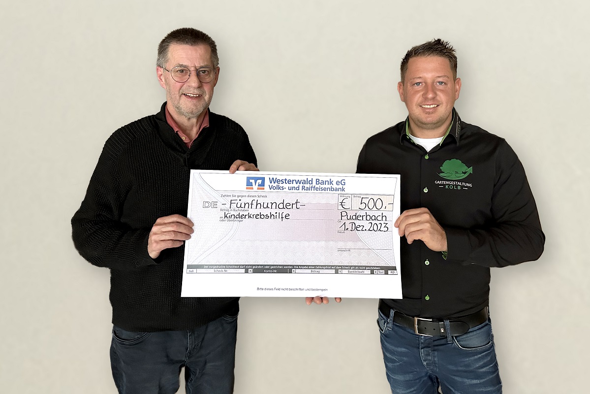 Firma Gartengestaltung Kolb aus Puderbach spendet 500 Euro an die "Freunde der Kinderkrebshilfe Gieleroth"