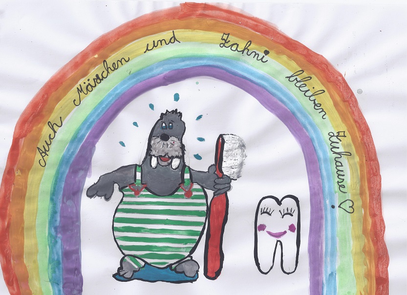 Max Schrubbel unter einem Regenbogen: Das Maskottchen der Landesarbeitsgemeinschaft Jugendzahnpflege (LAGZ) Rheinland-Pfalz e. V. ist ein beliebtes Zeichenmotiv bei Kindern und Jugendlichen (Foto: AGZ Cochem-Zell).