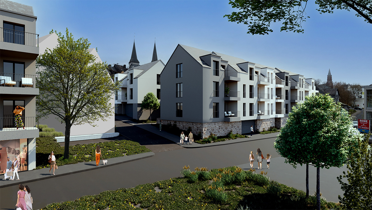 Neue Wohnhuser und eine kleine Gewerbeflche entstehen an der Hospitalstrae in Montabaur. Visualisierung: Fries Architekten