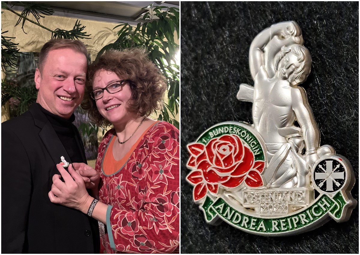 Prinzgemahl Thomas Herschbach war der Erste, der den Exklusiv-Pin zugunsten von "Frauen in Not" von der 1. Bundesknigin Andrea Reiprich erhielt. (Fotos: HOERB Kommunikation)