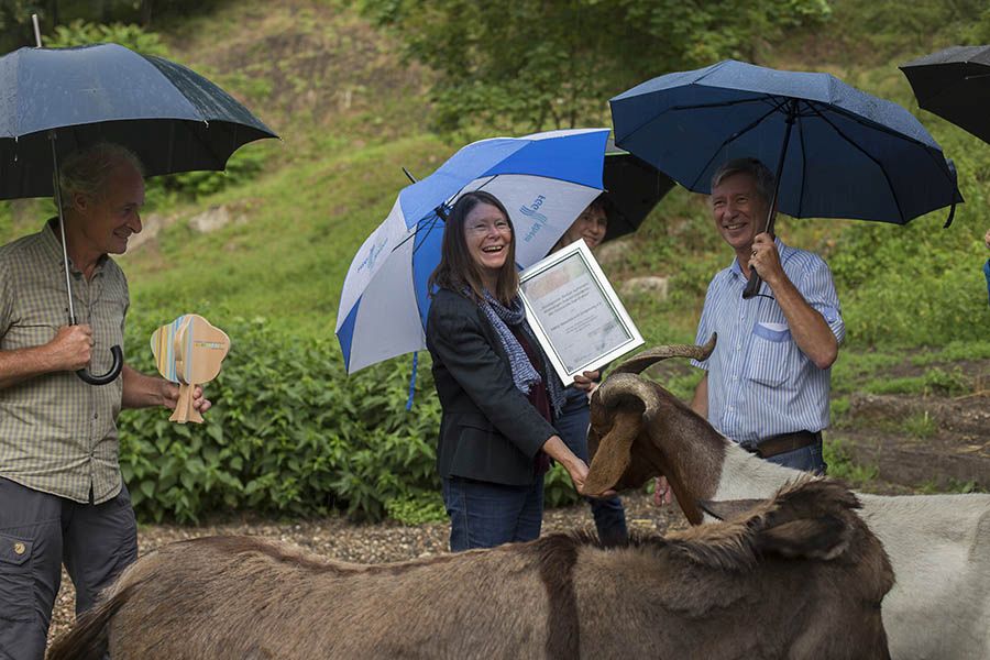 Ein Gewitter konnte die gute Stimmung beider Urkundenverleihung nicht trben. Von links: Gnter Hahn, Ulrike Hfken und Dr. Johannes Leonhard. Fotos: Helmi Tischler-Venter