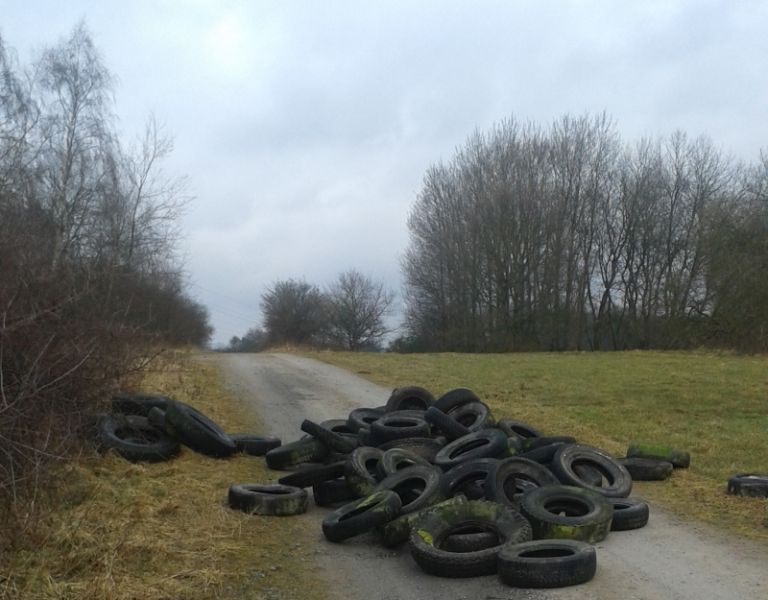 Groe Mengen Altreifen in der Landschaft entsorgt