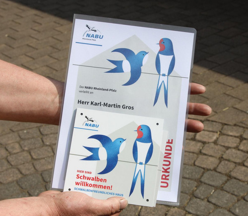 Wer diese Urkunde besitzt un das entsprechende Label an seinem Haus anbringt, der signalisiert: Schwalben willkommen! (Foto: NABU Rennerod) 