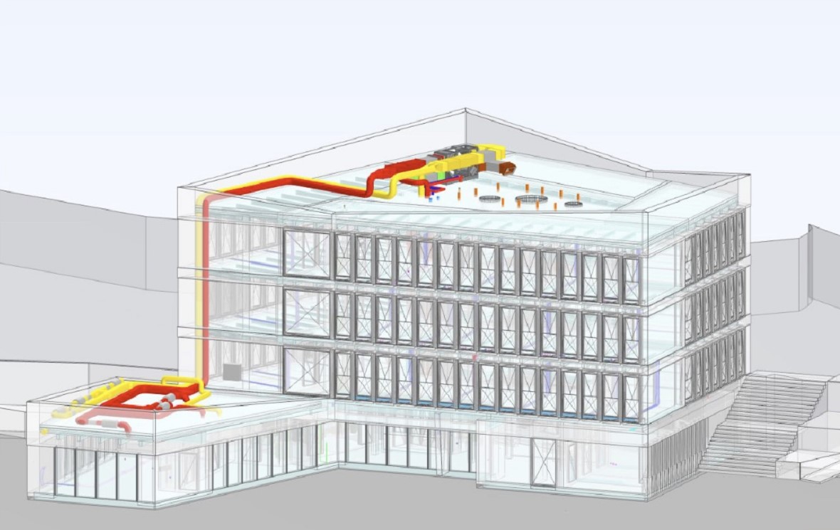 Die Planungen zum Rathaus wurden derweil in ein virtuelles 3D-Modell bertragen, welches die Prfung von Planungskonflikten und Bauteilkollisionen erleichtert. (Quelle: Heimspiel Architekten) 