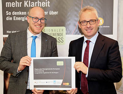 EVM-Vorstandvorsitzender Josef Rnz (rechts) und Christian Schrder, Bereichsleiter Strategie bei der EVM, stellten die Ergebnisse des Energiewende-Kompasses vor. Foto: EVM/Dennis Hahn