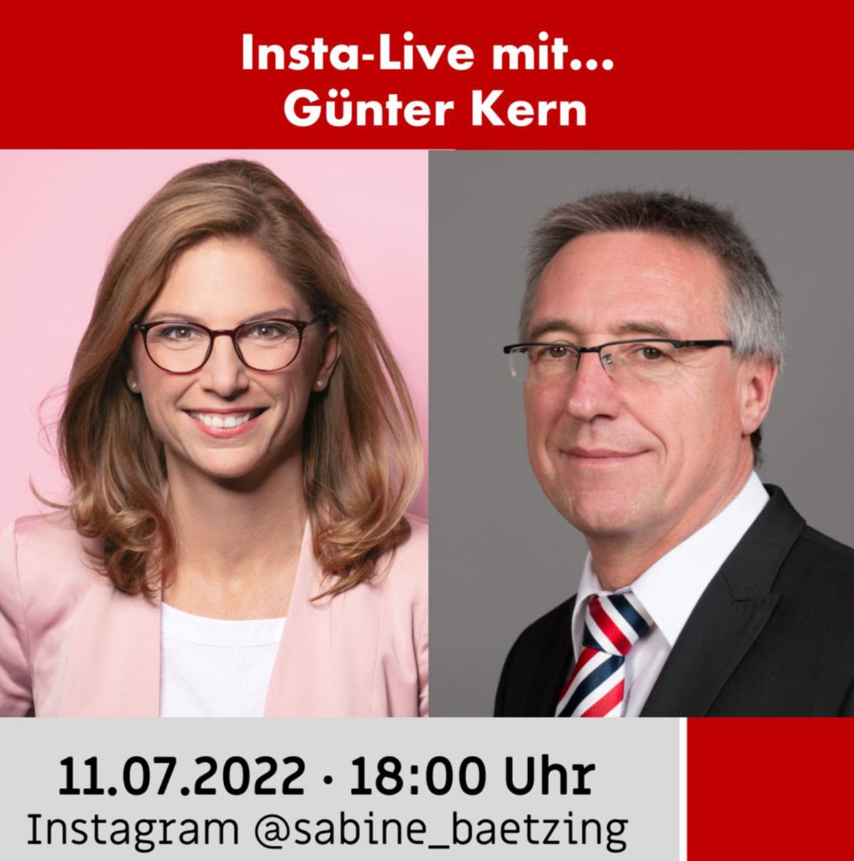 Sabine Btzing-Lichtenthler begrt Gnter Kern am 11. Juli zum Insta-Chat