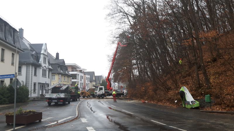 Wegen Baumpflegearbeiten werden die Straen rund um den Schlossberg abschnitts- und tagesweise gesperrt. Das Bild aus dem letzten Jahr zeigt, wie aufwendig diese Arbeiten sind. Foto: VG Montabaur 