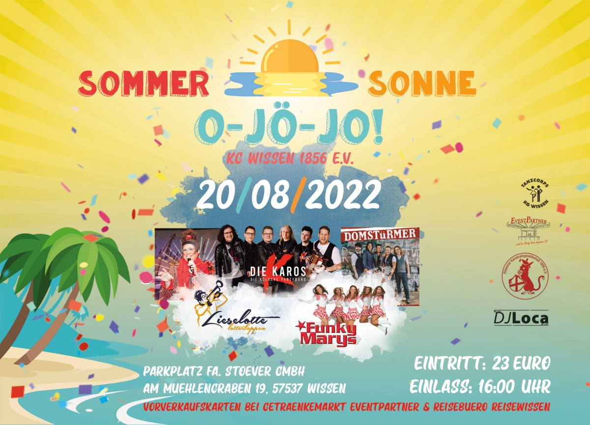 Die KG Wissen ldt ein den Sommer zu feiern! Am Samstag, dem 20. August, steigt die Party unter dem Motto "Sommer - Sonne - O-J-Jo" in der Brckhfe in Wissen. (Quelle: KG) 