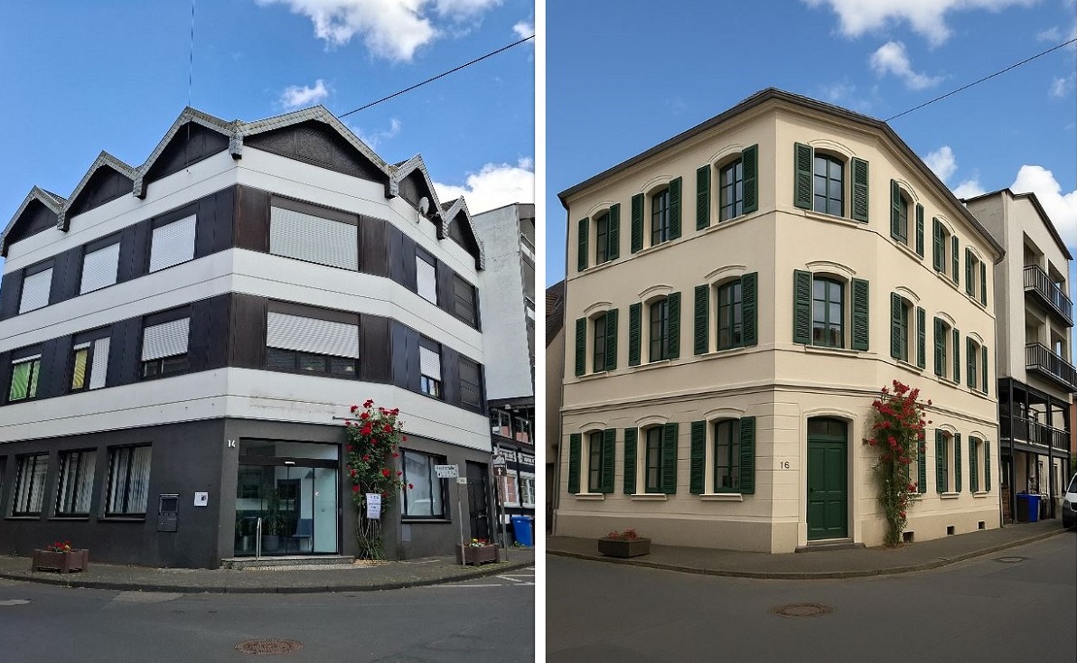 Der Kirchplatz in Rheinbreitbach im aktuellen Zustand - und der Vorschlag von "Stadtbild Deutschland" (Fotos: Napp/Stadtbild Deutschland)