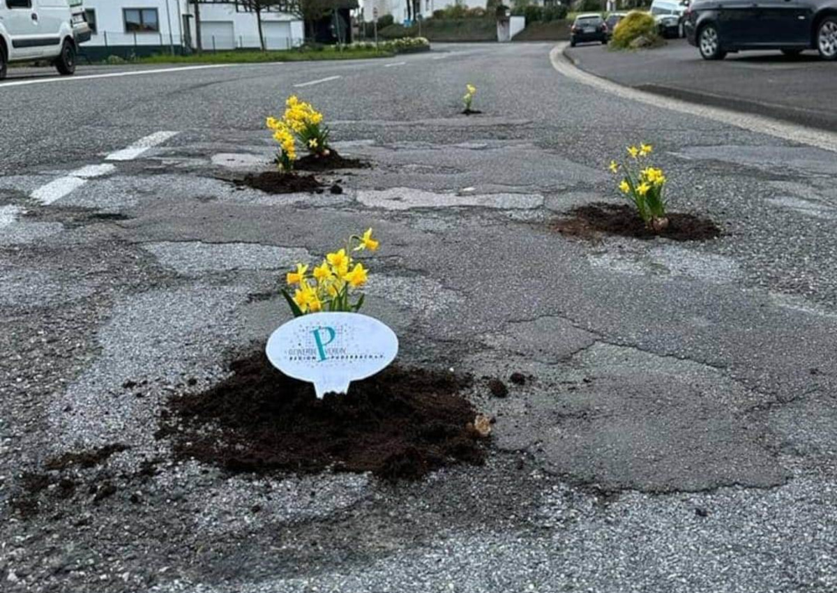 Schon der Gewerbeverein Puderbach hatte mit einer "blumigen" Aktion auf den traurigen Zustand der L264 aufmerksam gemacht. (Foto: OG Urbach)