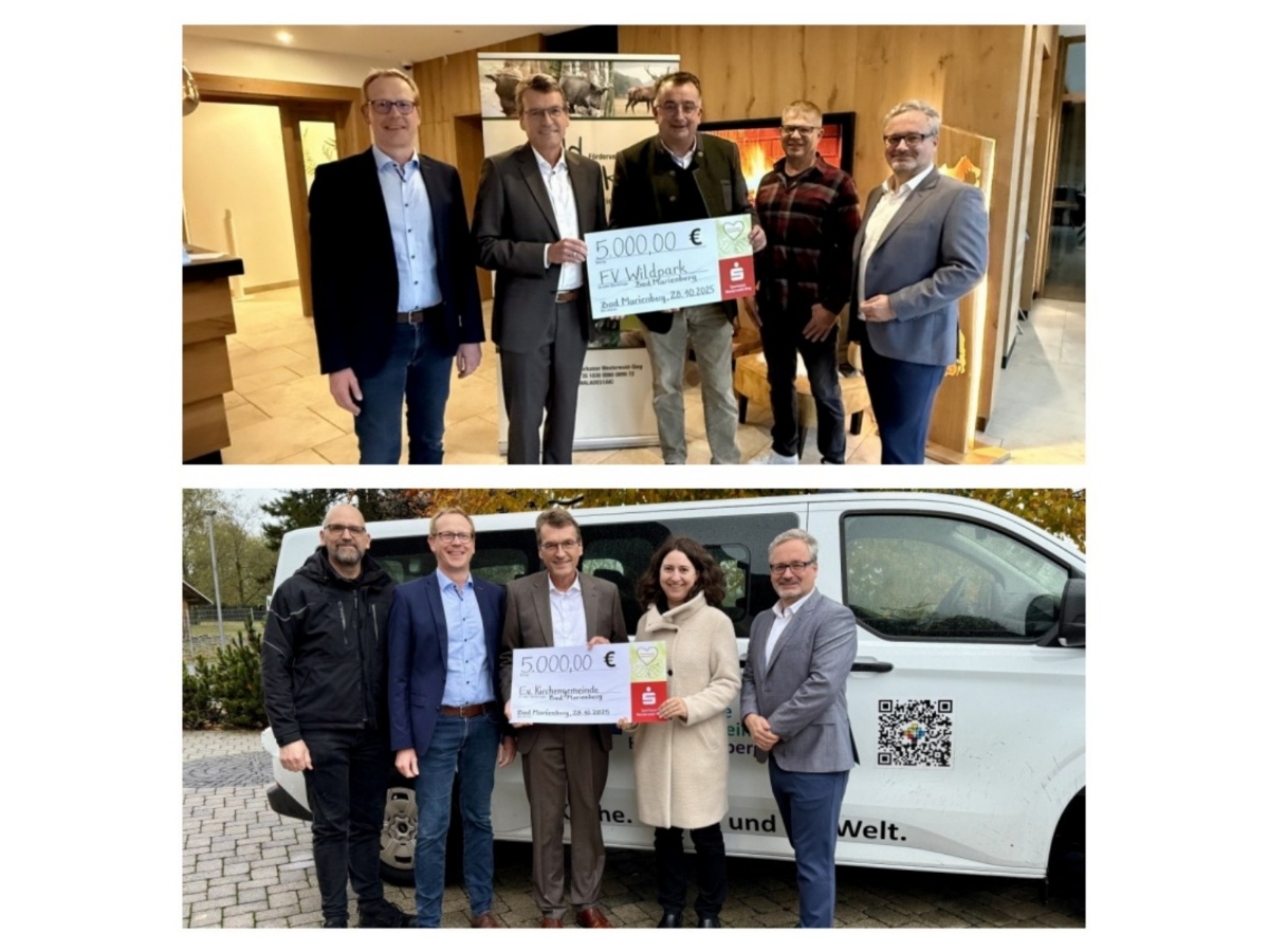 Oben: Markus Weber (Sparkassenstiftung), Dr. Andreas Reingen (Sparkassenstiftung), Stefan Weber und Bernd Becker (Förderverein Wildpark), Henning Kreckel (Sparkassenstiftung); Unten: Matthias Schütz (Ev. Kirchengemeinde), Markus Weber und Dr. Andreas Reingen (Sparkassenstiftung), Pfarrerin Lara Schütz, Henning Kreckel (Sparkassenstiftung) (Fotos: Dagmar Gerhards/Sparkasse Westerwald-Sieg)