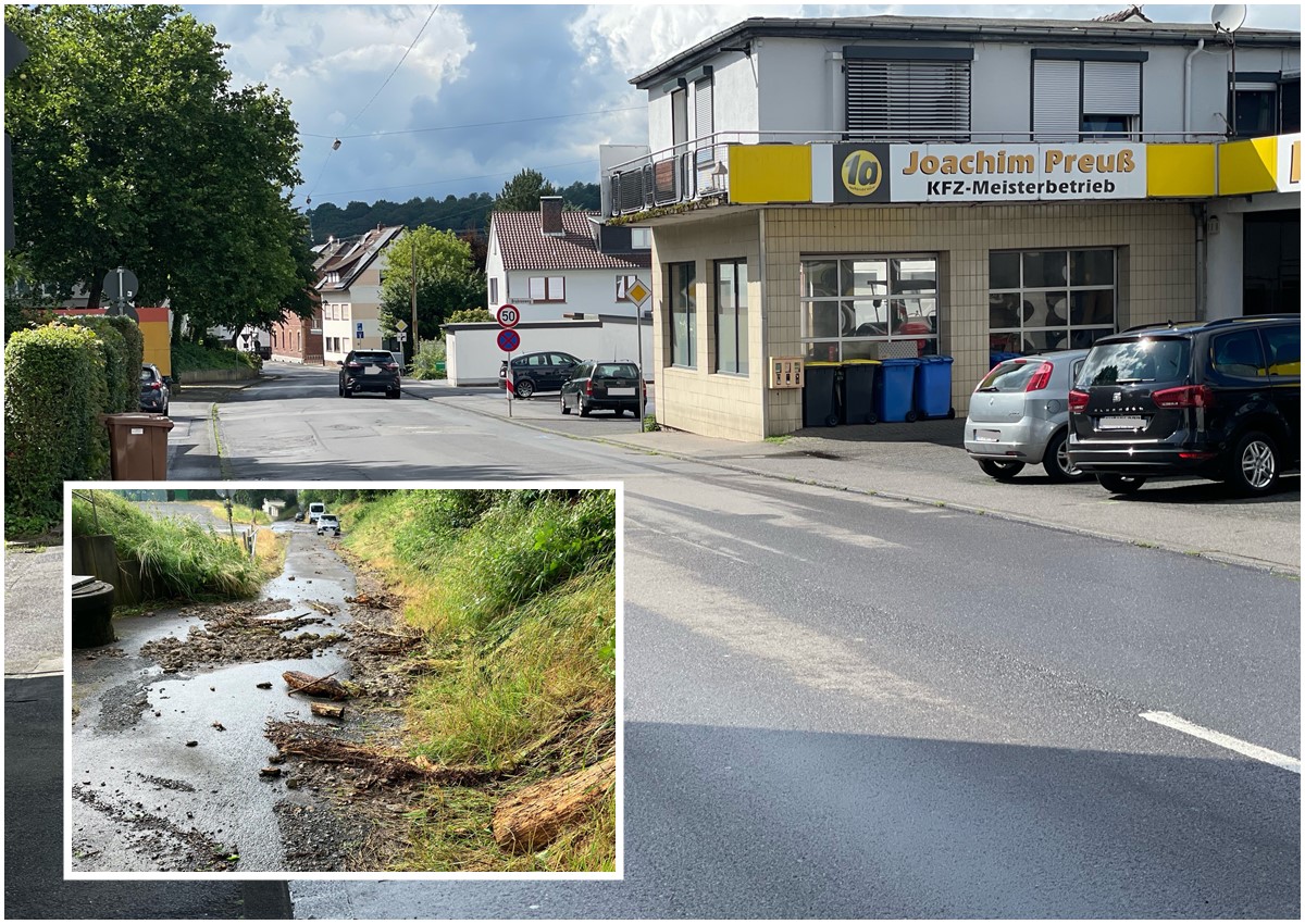 Auf rund 60 Metern in der Weststrae ist die unterirdische Verrohrung des Kttingsbachs marode und muss dringend erneuert werden. Beim letzten Starkregenereignis hatte sich der Kttingsbach samt Gerll ihren Weg durch die Stadt bis zur Bundesstrae 62 gebahnt. (Groes Foto: KathaBe. Kleines Foto: Stadt Wissen)