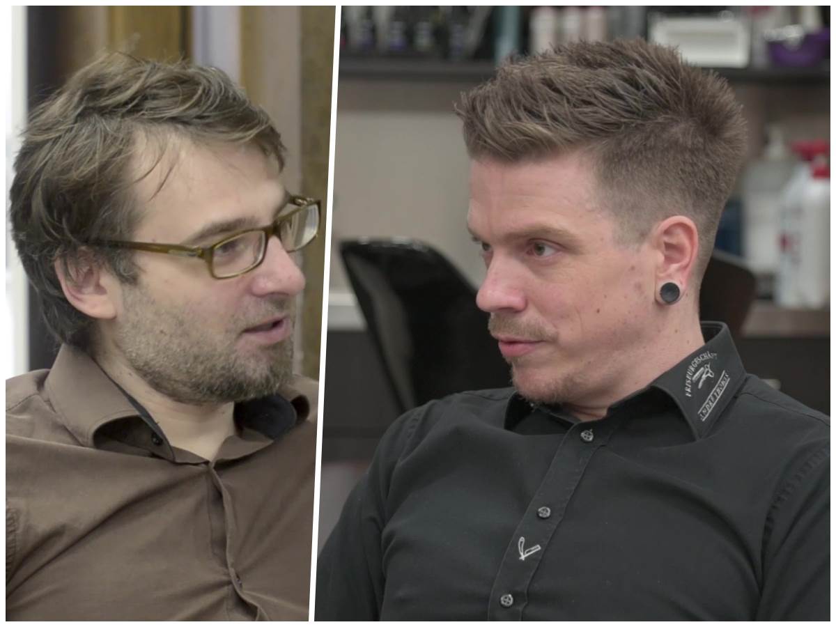 "Irgendwann kommt man an die Grenzen des Nervlichen." Friseur Andr Thomas (rechts) schildert Reporter Daniel Pirker stellvertretend fr die Branche seine schwierige Situation. (Fotos: Screenshot) 