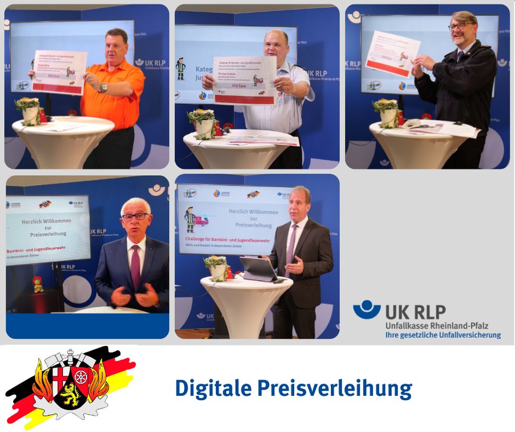 Die Gratulanten bei der Scheckbergabe: Von links oben: Michael Klein, LFV RLP-Geschftsfhrer, Jrg Michel, stellvertretender Landesjugendfeuerwehrwart, LFV RLP-Prsident Frank Hachemer, Manfred Breitbach, Geschftsfhrer der Unfallkasse RLP, Staatssekretr Randolf Stich. Fotos: Unfallkasse Rheinland-Pfalz

 

 