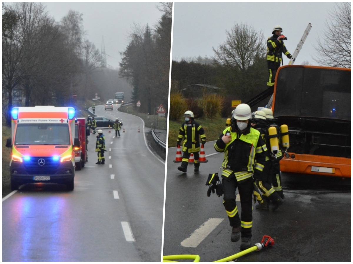 Links: Die L280 war whrend des Einsatzes in diesem Abschnitt voll gesperrt. Eine Umleitung war ber Elben und Dauersberg eingerichtet. Rechts: Von der Steckleiter aus konnte mit der Wrmebildkamera auch von oben der Brandbereich auf Glutnestern kontrolliert werden. (Fotos: tt) 