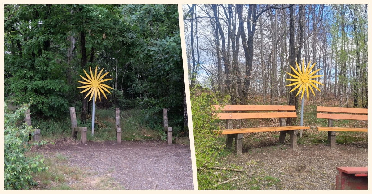 Links: Fachmnnisch abgebaut wurden die Bohlen der beiden Bnke Nhe der L 279, sodass erst einmal niemand auf Diebstahl tippte (Foto: KathaBe). Rechts: Erst krzlich fand die groe Sonnenblume ihren Platz bei den da noch intakten Bnken und machte das Fleckchen Erde noch idyllischer (Foto: privat)  