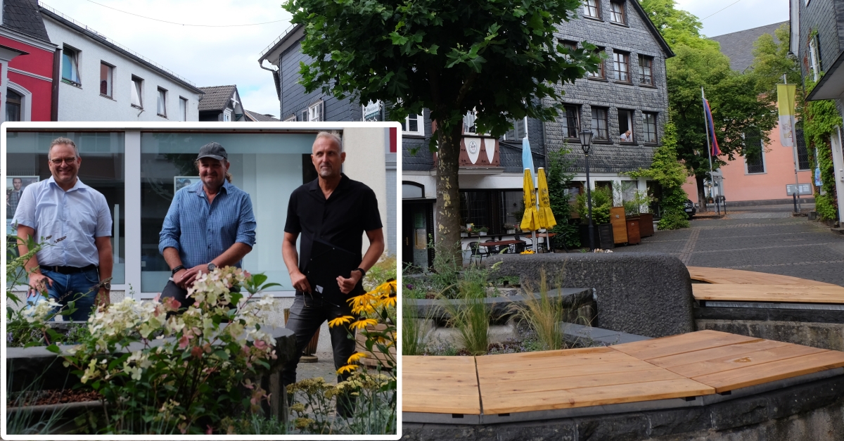 Der ehemalige Brunnen auf dem Wissener Marktplatz hat sich in einen Platz zum Verweilen verwandelt. Von links: Berno Neuhoff, Uli Noss und Martin Mende. (Fotos: KathaBe) 