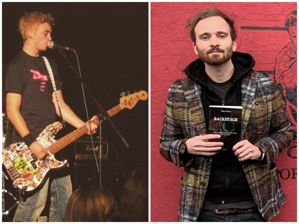 David Conrad sammelte schon frh Erfahrungen auf der Bhne, wie das linke Foto beweist, auf dem er als 16-Jhriger zu sehen ist. Rechts prsentiert er sein Buch vor dem momentan geschlossenen Siegener Musikclub Vortex. (Fotos: privat) 