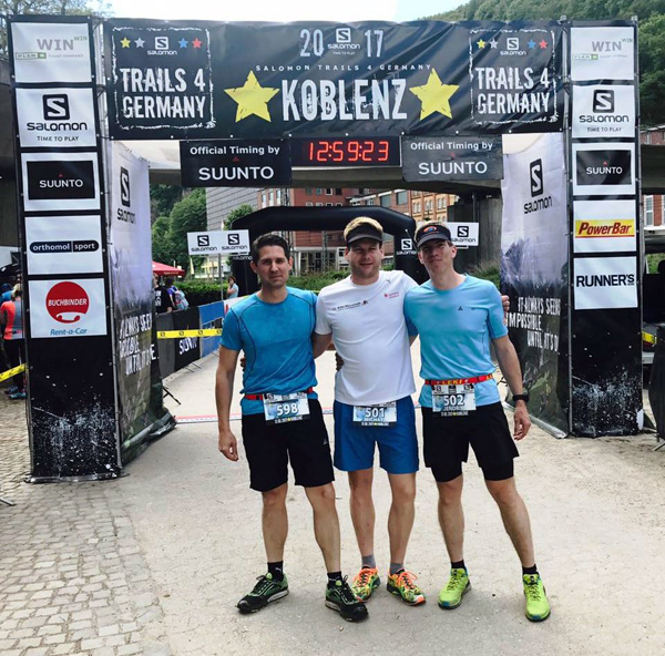 Erfolgreich bei der Premiere des Salomon Trail 4 Germany in Koblenz waren: Dennis Kemper, Michael Hoben, Jendrik Gra  - alle Lauftreff Puderbach (von links nach rechts). Foto: Lauftreff Puderbach