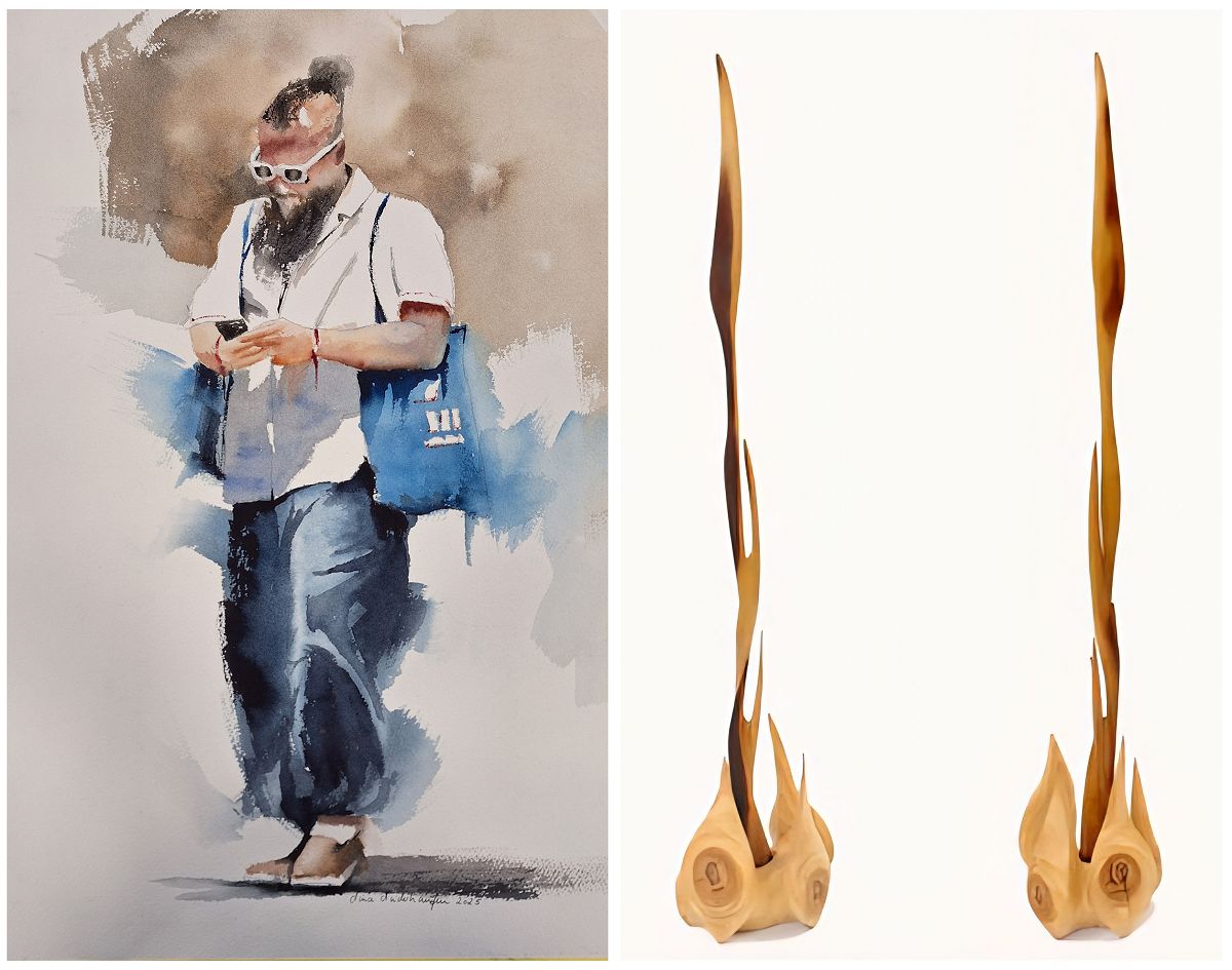 Die Ausstellung Best of Kunstforum Westerwald bietet eine facettenreiche Auswahl an Kunstwerken. Neben Malerei wird auch Objektkunst prsentiert. Aquarell Going for shopping von Nina Niederhausen, Holzskulptur Auf der Suche nach Neuland von Simone Carole Levy (Fotoquelle: Klaus Hinkel)