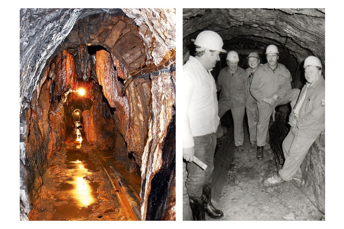 links: Blick in die faszinierende Welt unter Tage. Von der Decke des Alvenslebenstollens in Burglahr haben sich im Verlauf vieler Jahre Stalaktiten gebildet, es sind aber auch Stalagmiten zu sehen. (Foto: photoklaas.de)
rechts: 1980/90er Jahre Lagebesprechung im Alvenslebenstollen. Von links: Steiger Horst Moritz aus Niederdreisbach, Matthias Hoffmann, Willi Fischer (beide aus Oberlahr), Rudi Br�ker (Burglahr) und Hugo Fischer (Oberlahr). (Archivfoto: Rolf Schmidt-Markoski)