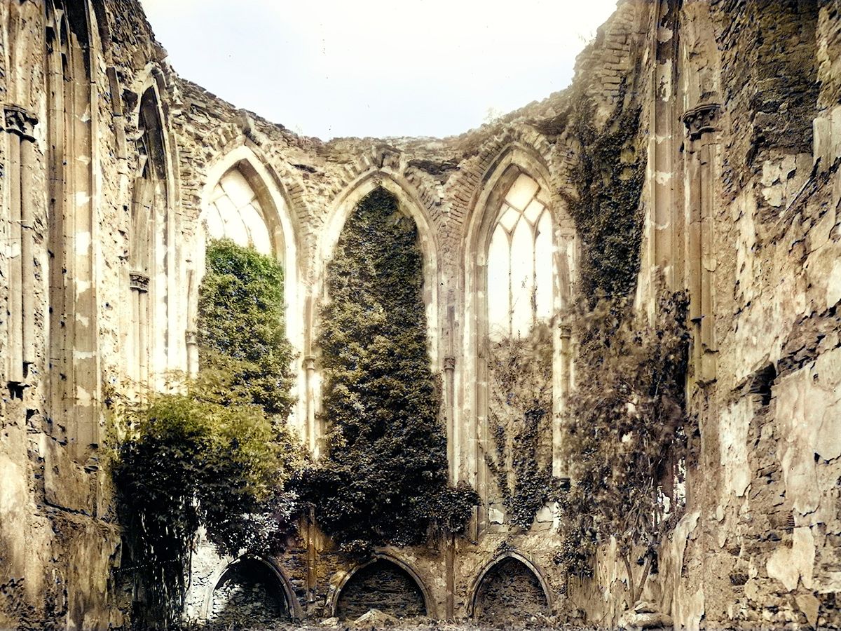Die Abtei Rommersdorf im Jahr 1976, eine von Efeu �berwucherte Ruine ... (Foto: Dr. Reinhard Lahr)
